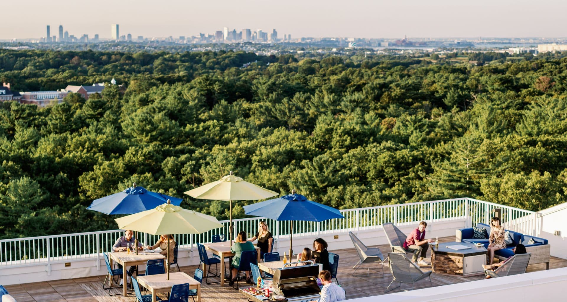 Rooftop amenity terrace at The Q in Quincy overlooking the Boston skyline — commercial landscaping by Hynes